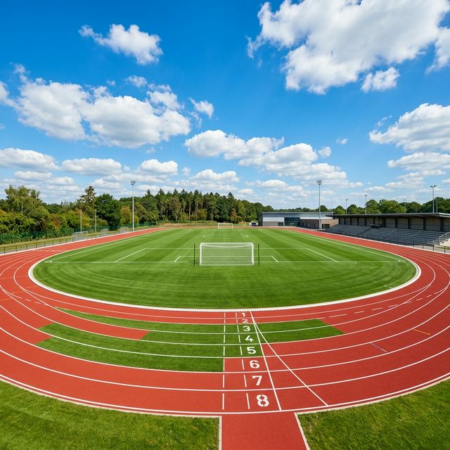 A vibrant outdoor sports field with green grass, athletic running track with red lanes, goal posts, and a bright blue sky with scattered clouds, professional sports photography, no people